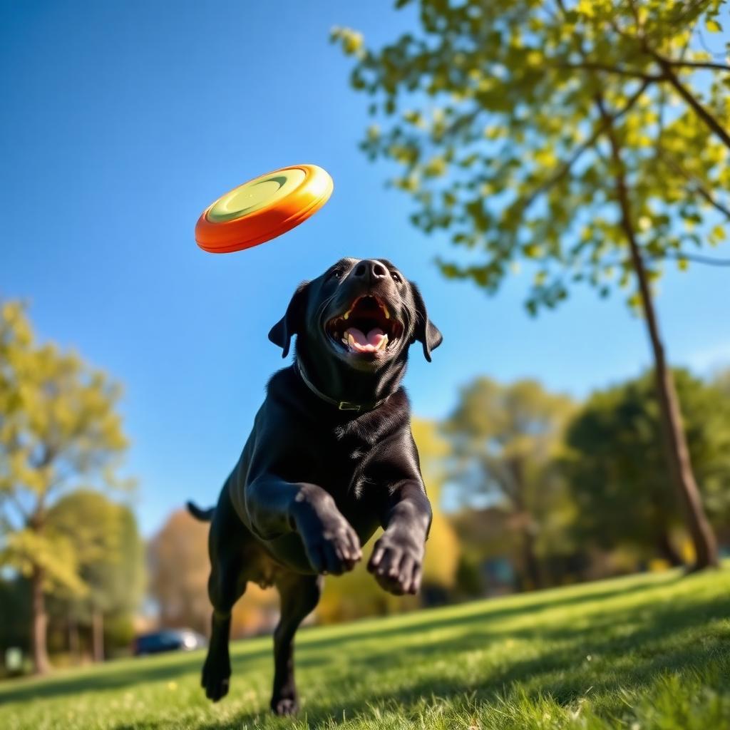Black labrador catching a frisbee